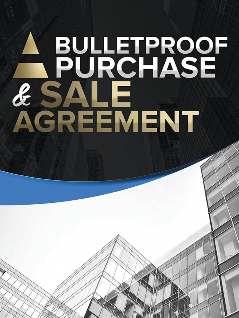 A cover image with the text 'Bulletproof Purchase & Sale Agreement' over a picture of the tops of glass buildings